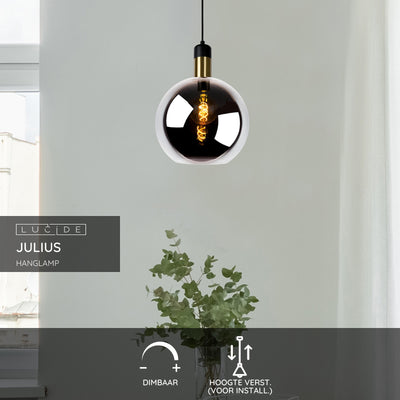 Lámpara colgante Lucide JULIUS Ø28cm vidrio ahumado madera negra metal dorado E27 40W regulable IP20 220-240V