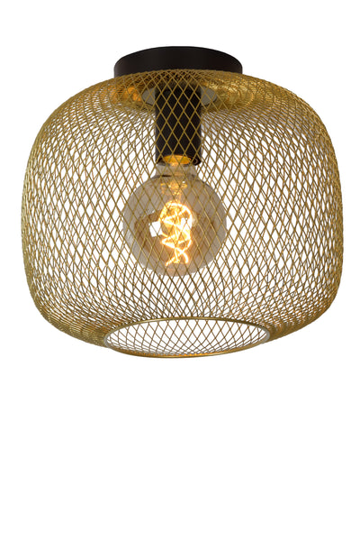 Lucide MESH lámpara de techo cilindro metálico de 30 cm, casquillo E27, Negro Mate con acabado Dorado, estilo vintage IP20