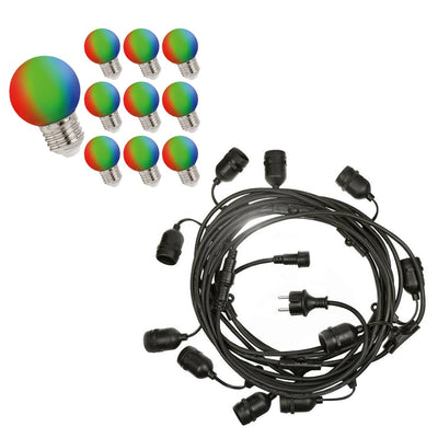 Guirnalda luminosa Spectrum prikkabel 10m con 10 bombillas LED G45 RGB E27, 1W cada una, IP20 para uso decorativo interior