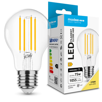 Bombilla LED Filamento Modee A60 8W E27 2700K 1055 lúmenes Regulable Vidrio 360° Blanco Cálido