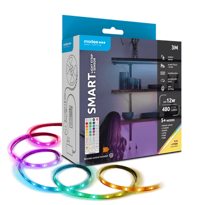 Modee Tira LED Inteligente 12W 3M IP20 con Control Remoto, Sensor, RGB + 2700K 480 lúmenes para iluminación flexible