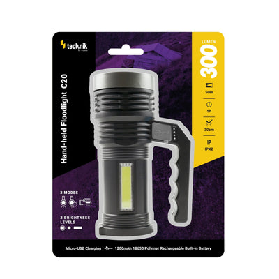 Tecnología foco portátil C20 XPE+COB LED 300 lúmenes recargable batería 18650 USB IPX2 Blanco