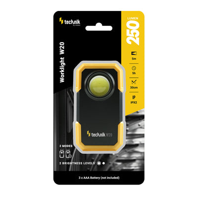 Linterna LED Technik W20 COB 250 lúmenes, alimentada por 3xAAA, cuerpo de plástico blanco, IPX2 con imán y clip