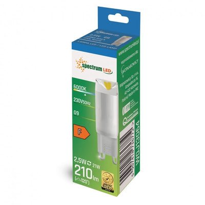 Lámpara LED Spectrum G9 2.5W 230V 6000K cerámica con 210 lúmenes, CRI 80, no regulable, luz blanca fría y ángulo de 100°