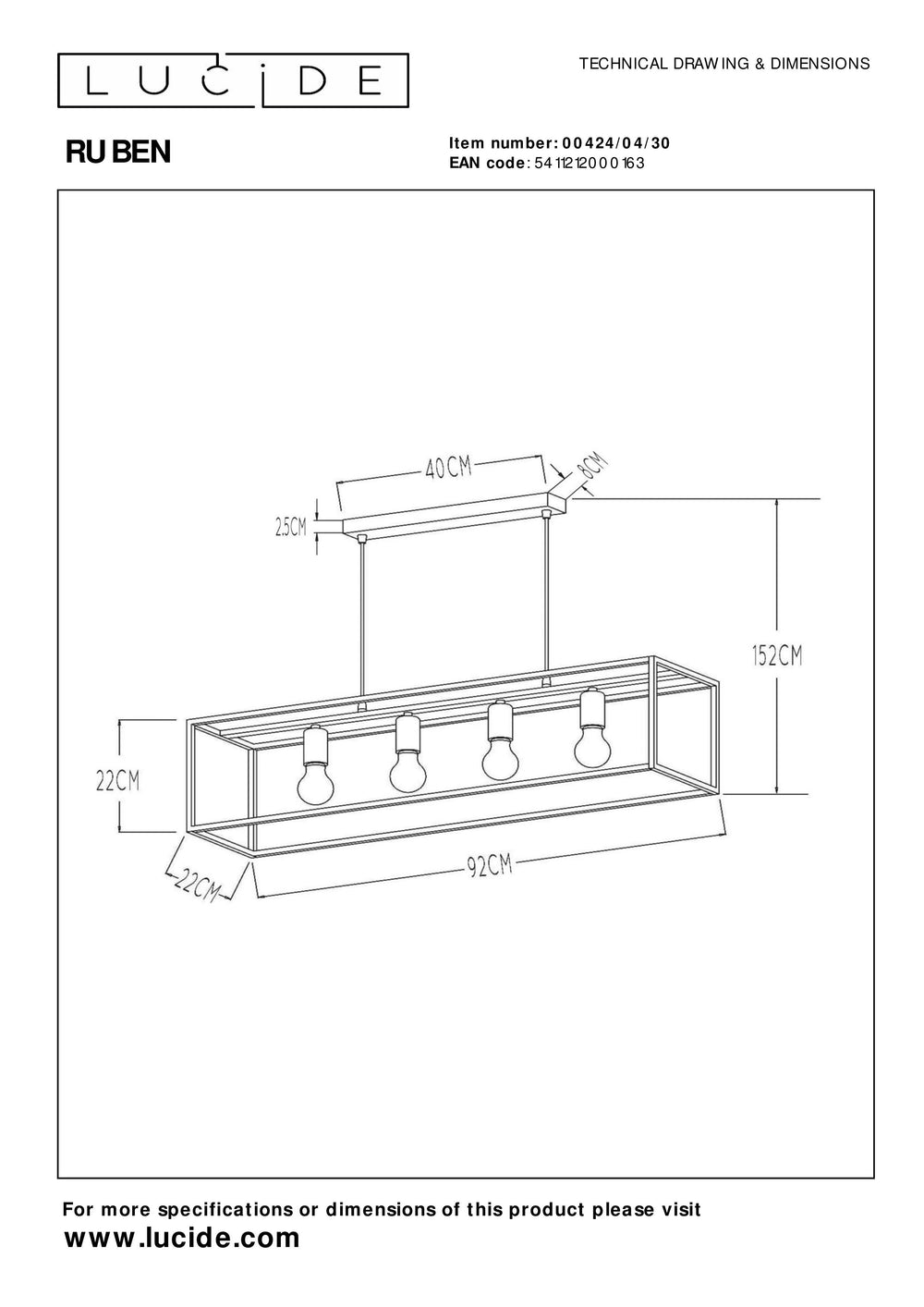 Lámpara colgante Lucide RUBEN, 4xE27 casquillos, Negro y Latón satinado, estructura metálica, 1520mm de altura, regulable IP20