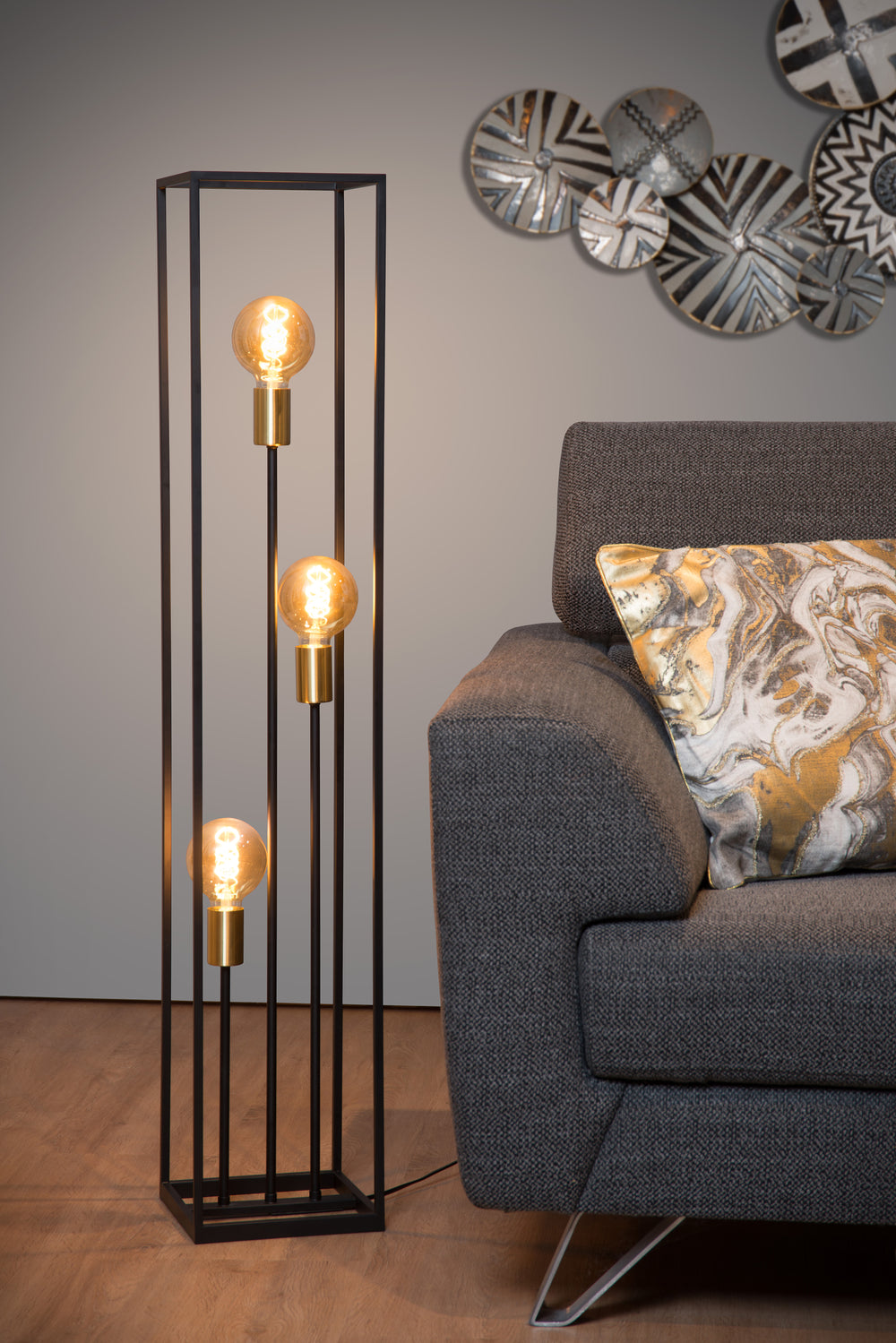 Lámpara de pie Lucide RUBEN, 3xE27, 220-240V, IP20, Metal Negro Mate, estilo Retro, altura 1200mm