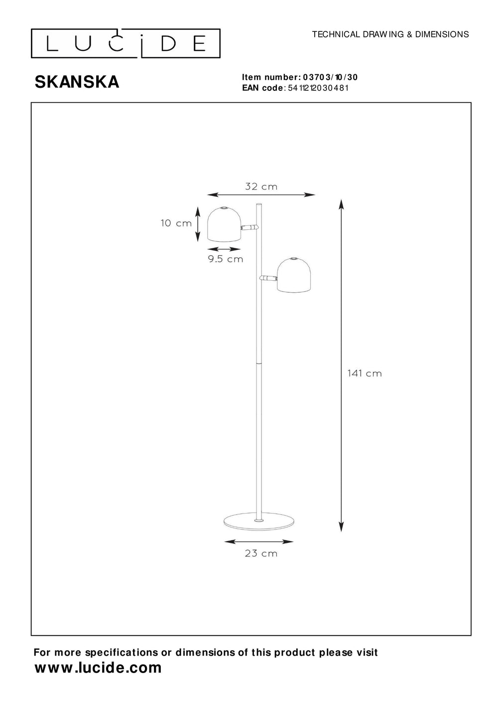 Lucide SKANSKA floor lamp, LED 2x5W 3000K, touch dimmable, rotatable head, modern Black metal, 1410mm height