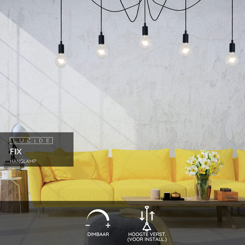 Lámpara colgante moderna Lucide FIX, 5xE27, Metal negro, diseño redondo, altura ajustable, IP20
