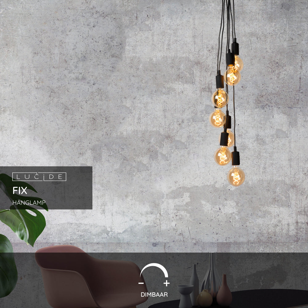 Lucide FIX modern hanging light, 7xE27 sockets, Black round metal design, adjustable height, IP20, 220-240V