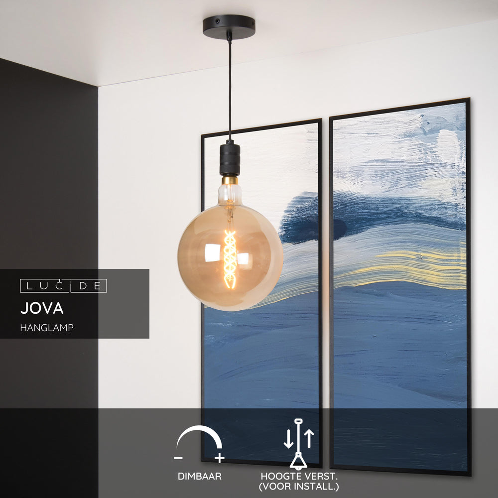 Lámpara colgante Lucide JOVA Negro y Oro, casquillo 1xE27, altura ajustable, diseño de metal, colgante interior IP20