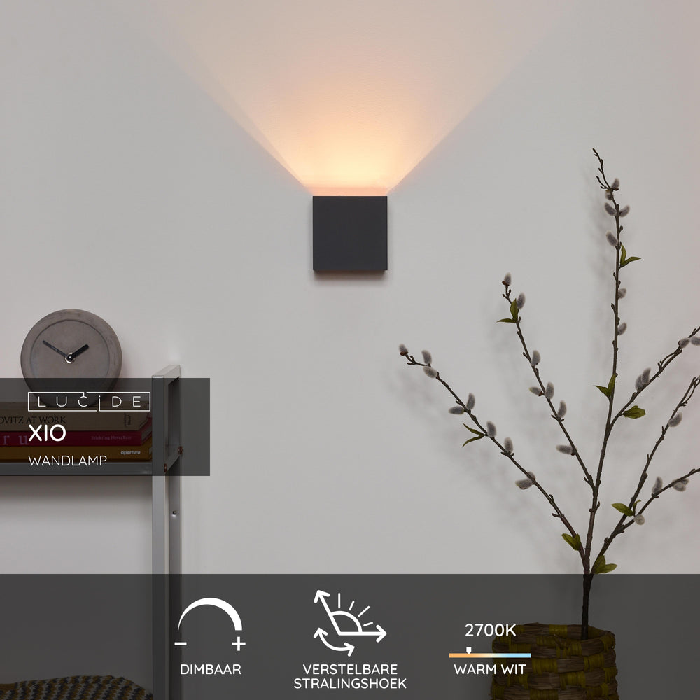 Aplique de pared LED Lucide XIO, regulable G9 1x4W 2700K, ángulo de haz ajustable, Gris Oscuro, diseño cuadrado moderno