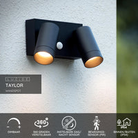 Lucide TAYLOR wall light with 2xGU10, IP54 motion sensor, sand black aluminium modern outdoor spot