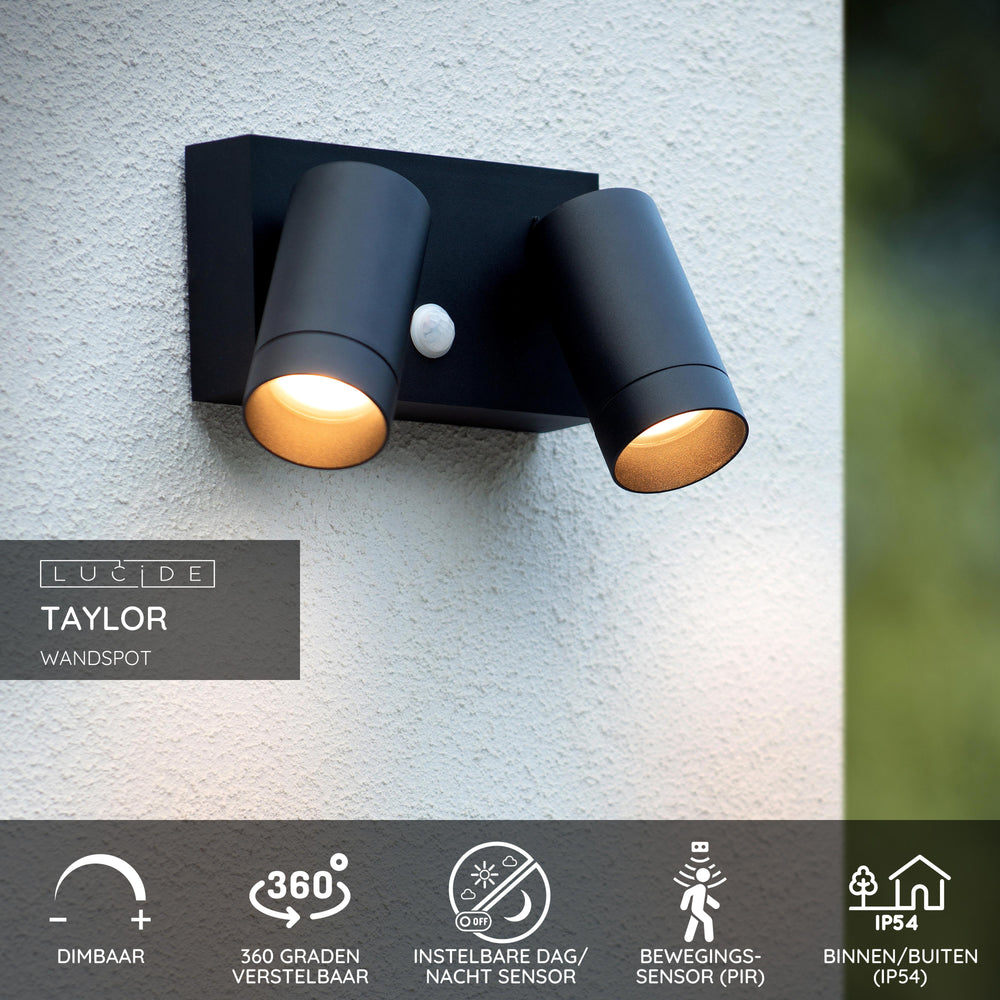 Aplique de pared Lucide TAYLOR con 2xGU10, sensor de movimiento IP54, foco moderno de exterior en aluminio negro arena