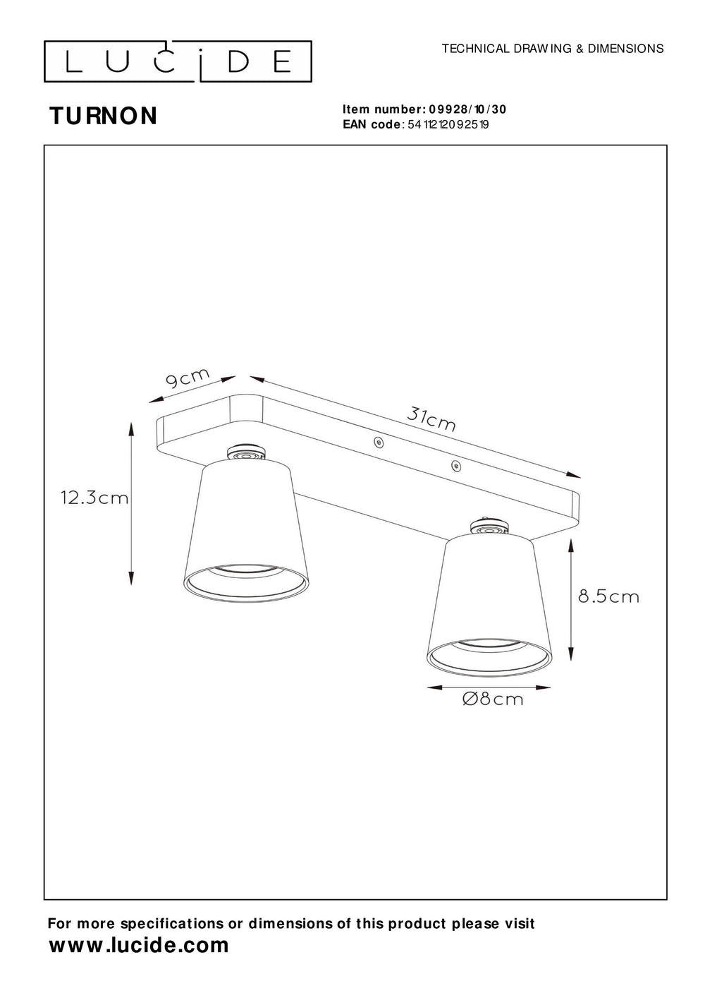 Lucide TURNON foco de techo LED, 2x5W GU10, regulable en temperatura de color 2200K-3000K, Aluminio Negro, IP20