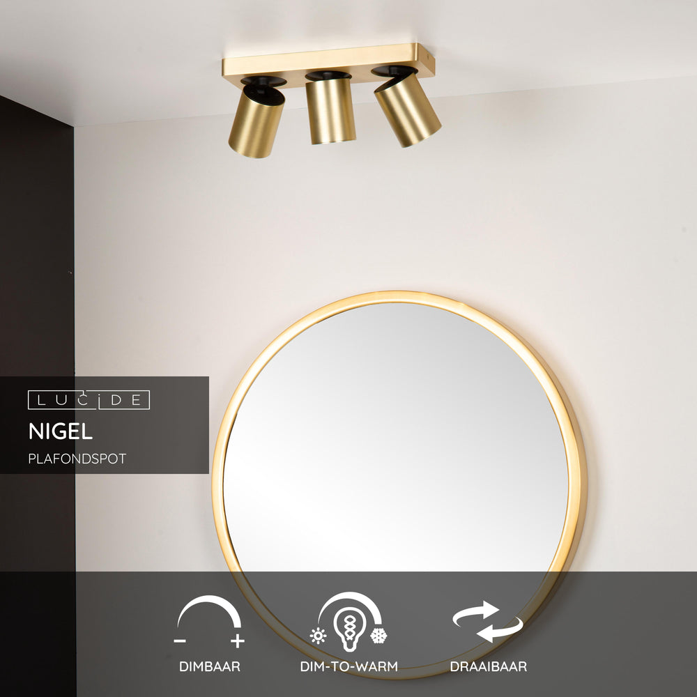 Lucide NIGEL foco de techo LED, 3x5W GU10 regulable dim to warm 2200K-3000K, ajustable en aluminio cepillado dorado