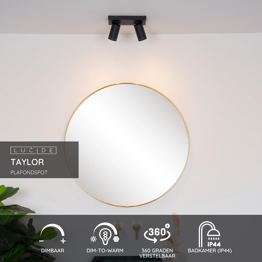 Lucide TAYLOR foco LED de techo, 2x5W GU10 regulable dim to warm 2200K-3000K, luz de baño IP44 Negro