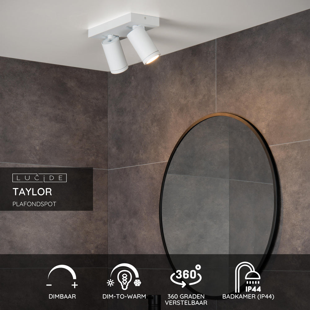 Lucide TAYLOR foco LED de techo para baño, 2x5W GU10, 2200K-3000K regulable a cálido, IP44 Blanco Arena