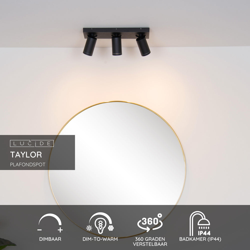 Lucide Taylor foco de techo LED para baño, 3x5W GU10 regulable de cálido 2200K-3000K, IP44, Negro Arena