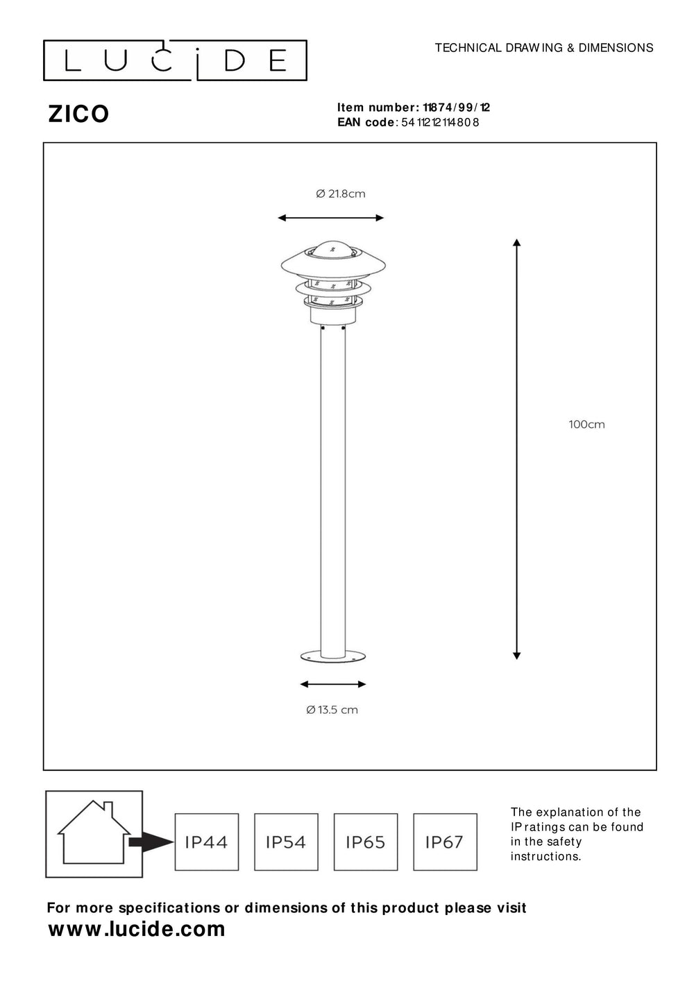 Lucide Zico poste de farol exterior, IP44 acero inoxidable, 1xE27 60W máx, 1000mm altura diseño clásico