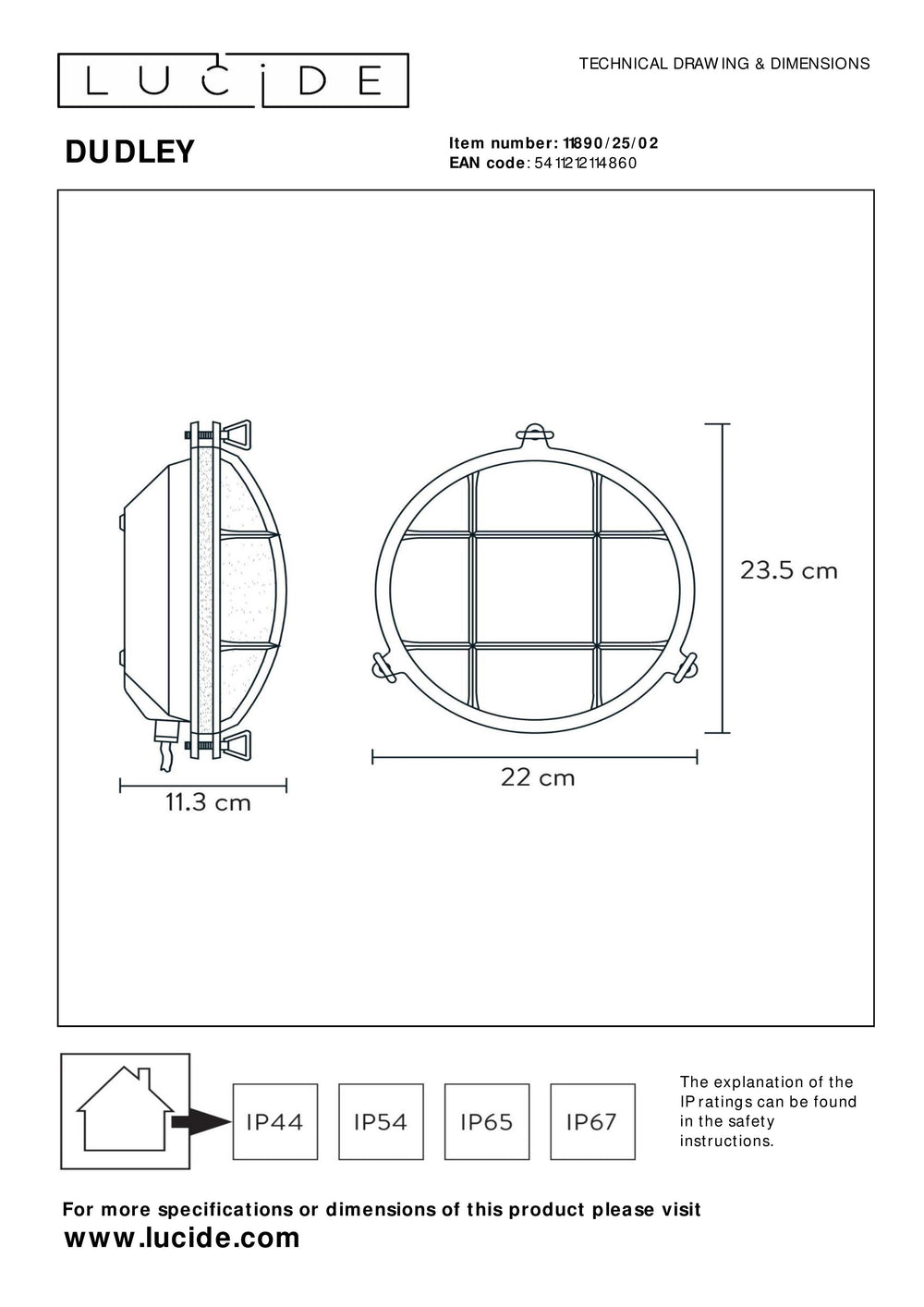 Aplique de pared Lucide Dudley interior exterior redondo 220mm E27 40W IP65 latón dorado mate estilo retro