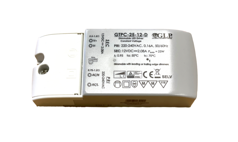 GLP LED power adapter 12V 25W 2.08A dimmable driver for 12V LED lighting, IP20, CE RoHS certified