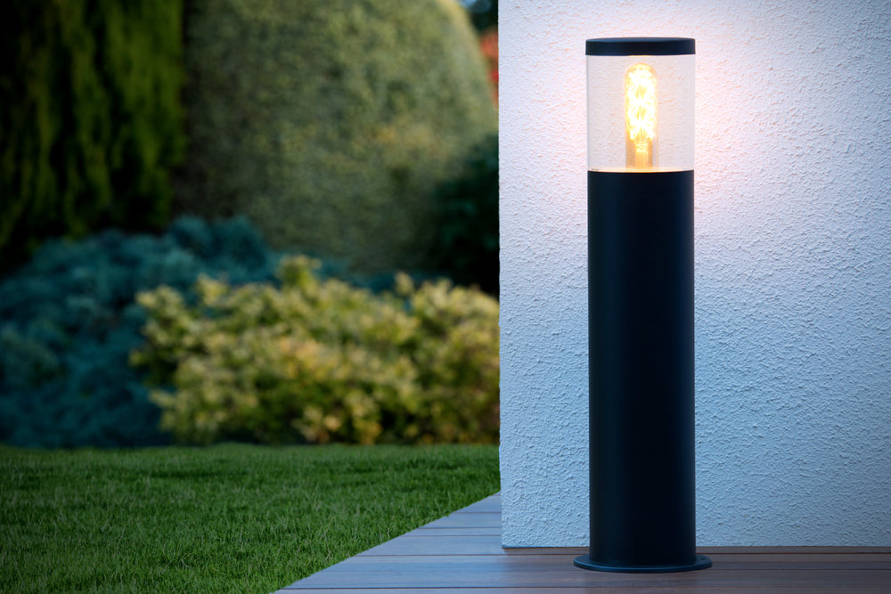 Lámpara de pedestal exterior Lucide Fedor, casquillo E27, IP44, acero inoxidable Negro, altura 490mm