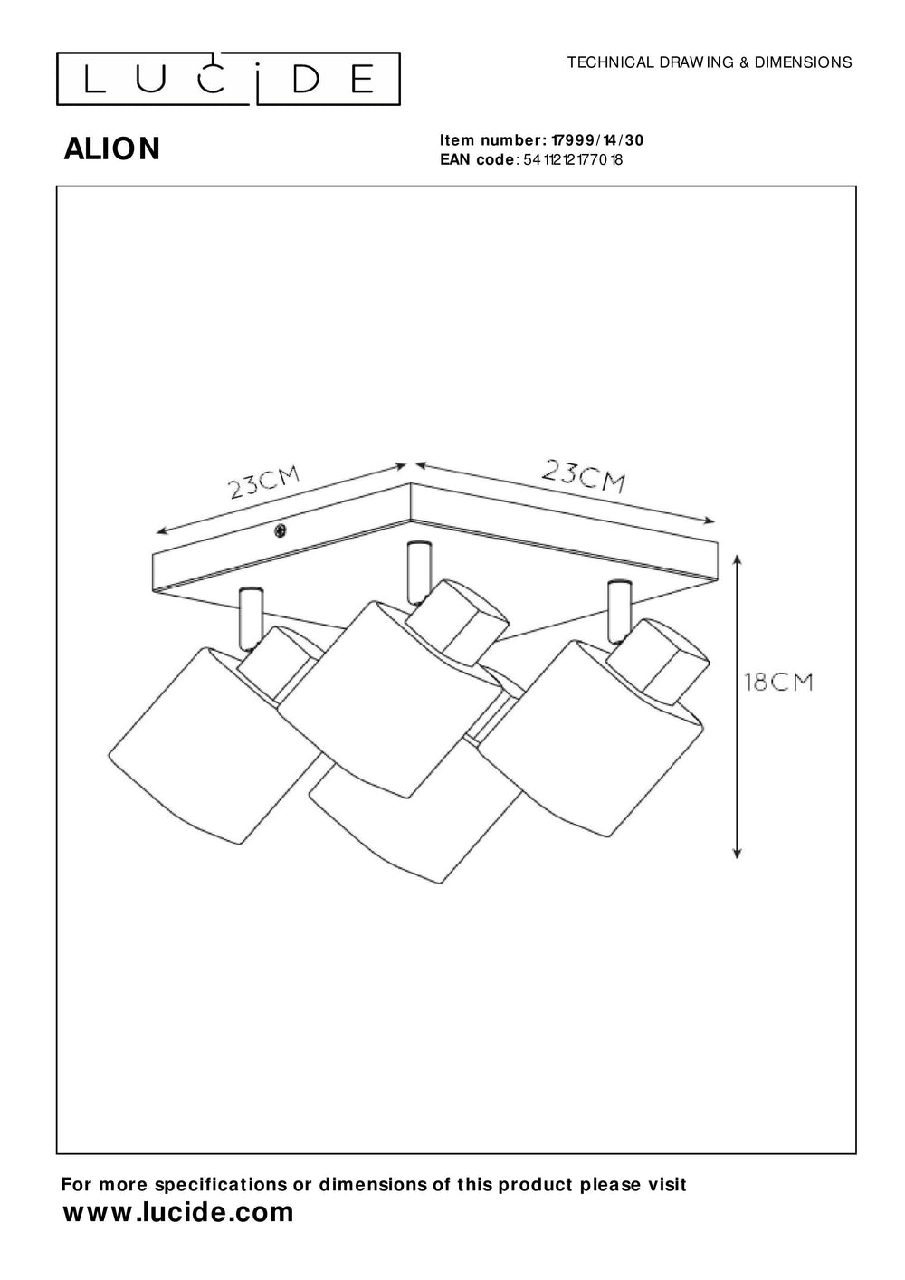 Lucide ALION foco de techo 4xE14 Negro, ajustable 360°, regulable interior retro metal cuadrado IP20