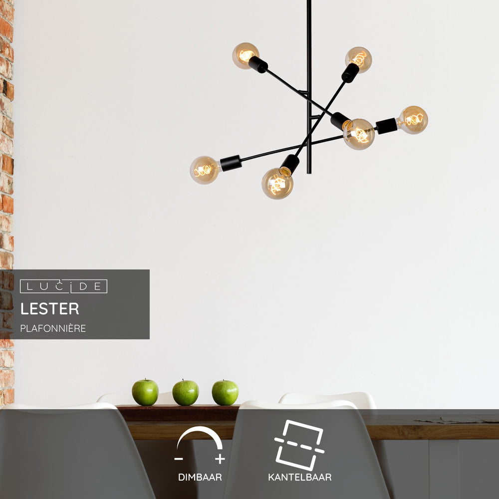 Lucide LESTER lámpara de techo, 6xE27 portalámparas, 220-240V, regulable, diseño moderno de metal en Negro Mate, IP20