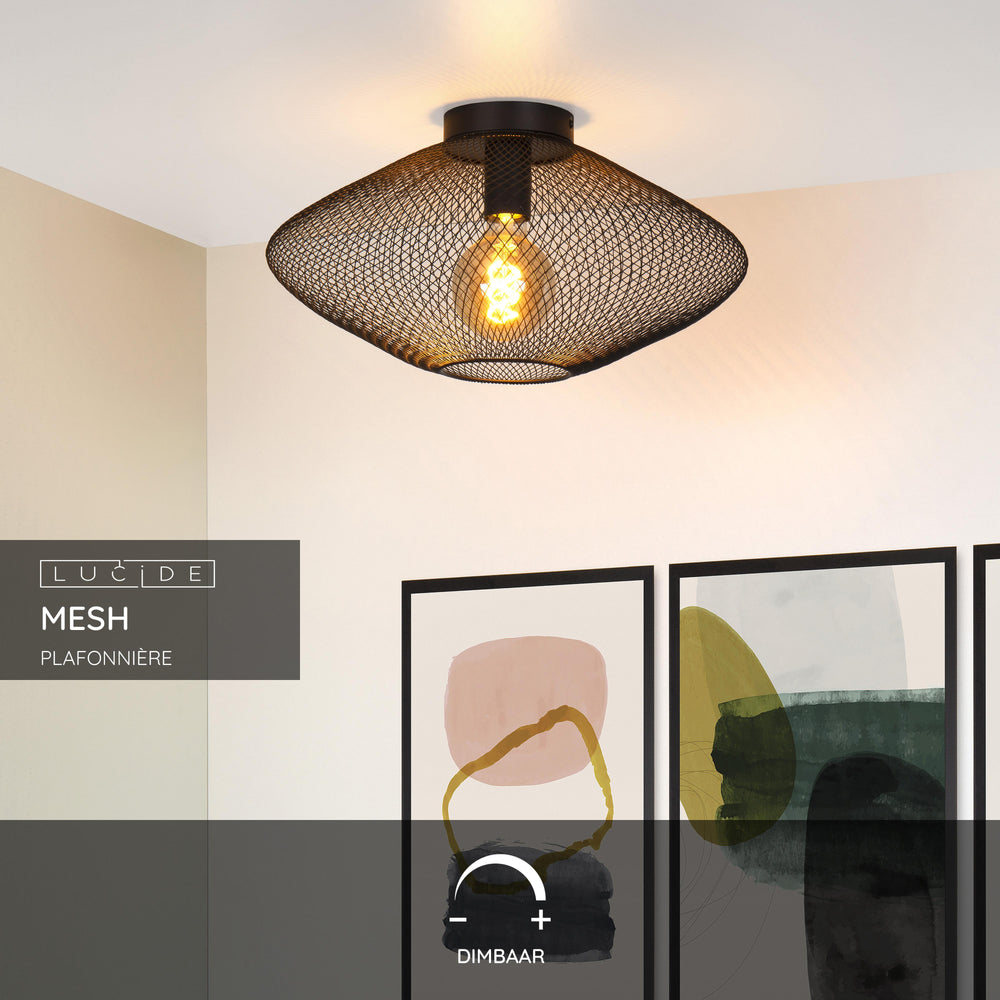 Lucide MESH ceiling light Ø45cm, E27 socket, 220-240V, 40W max, metal matt black, IP20 modern design