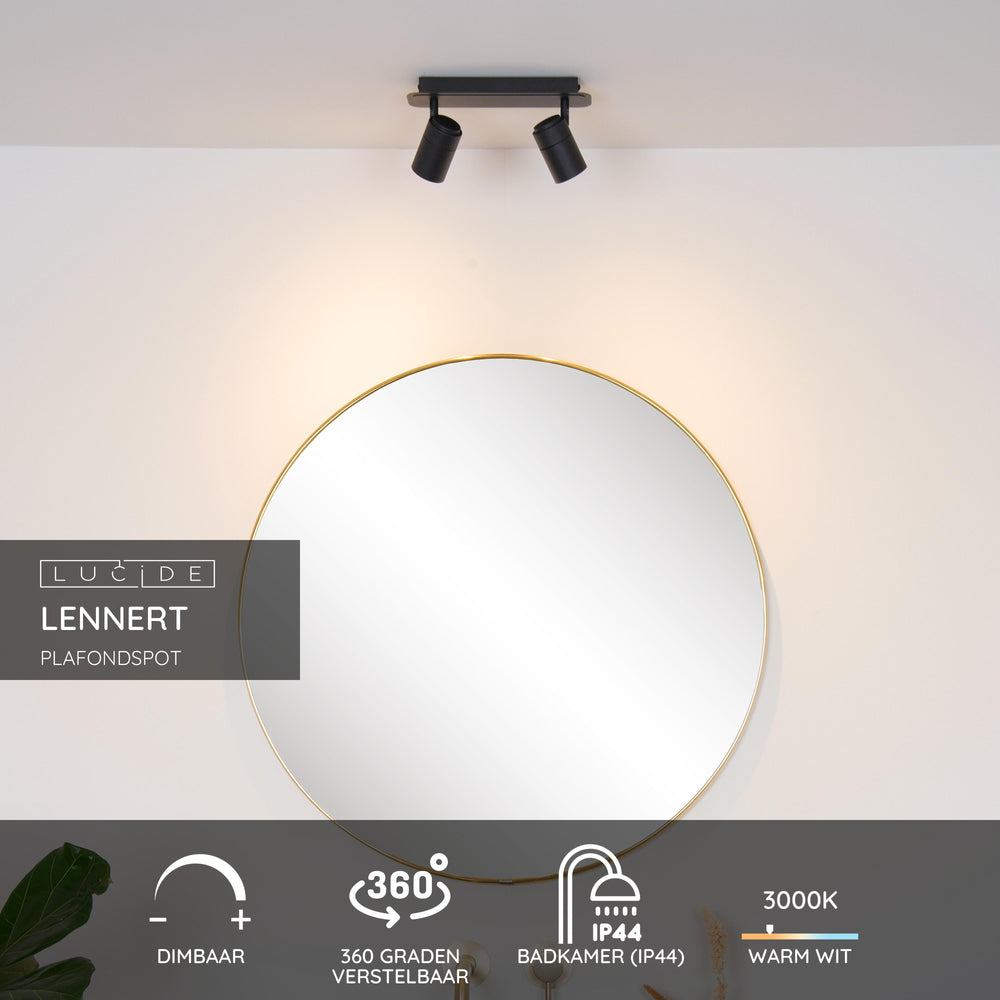 Lucide LENNERT foco de techo LED para baño, 2x5W GU10 regulable, 3000K, IP44, Negro Arena Mate