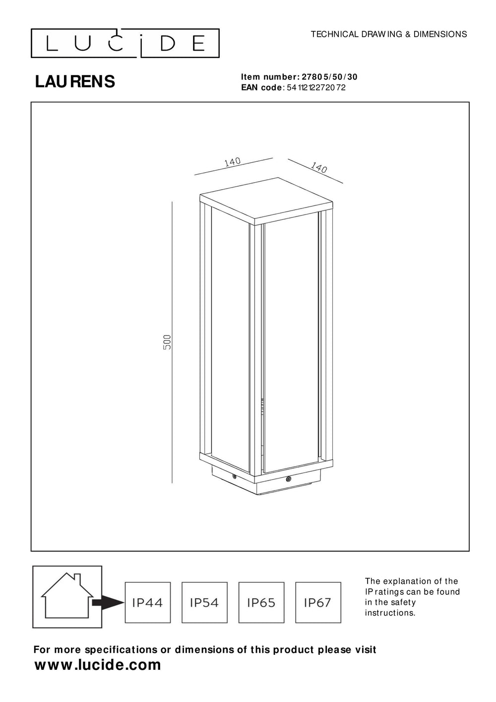 Lucide Laurens lámpara de pedestal exterior, casquillo E27, impermeable IP54, carcasa de metal negro con difusor de vidrio
