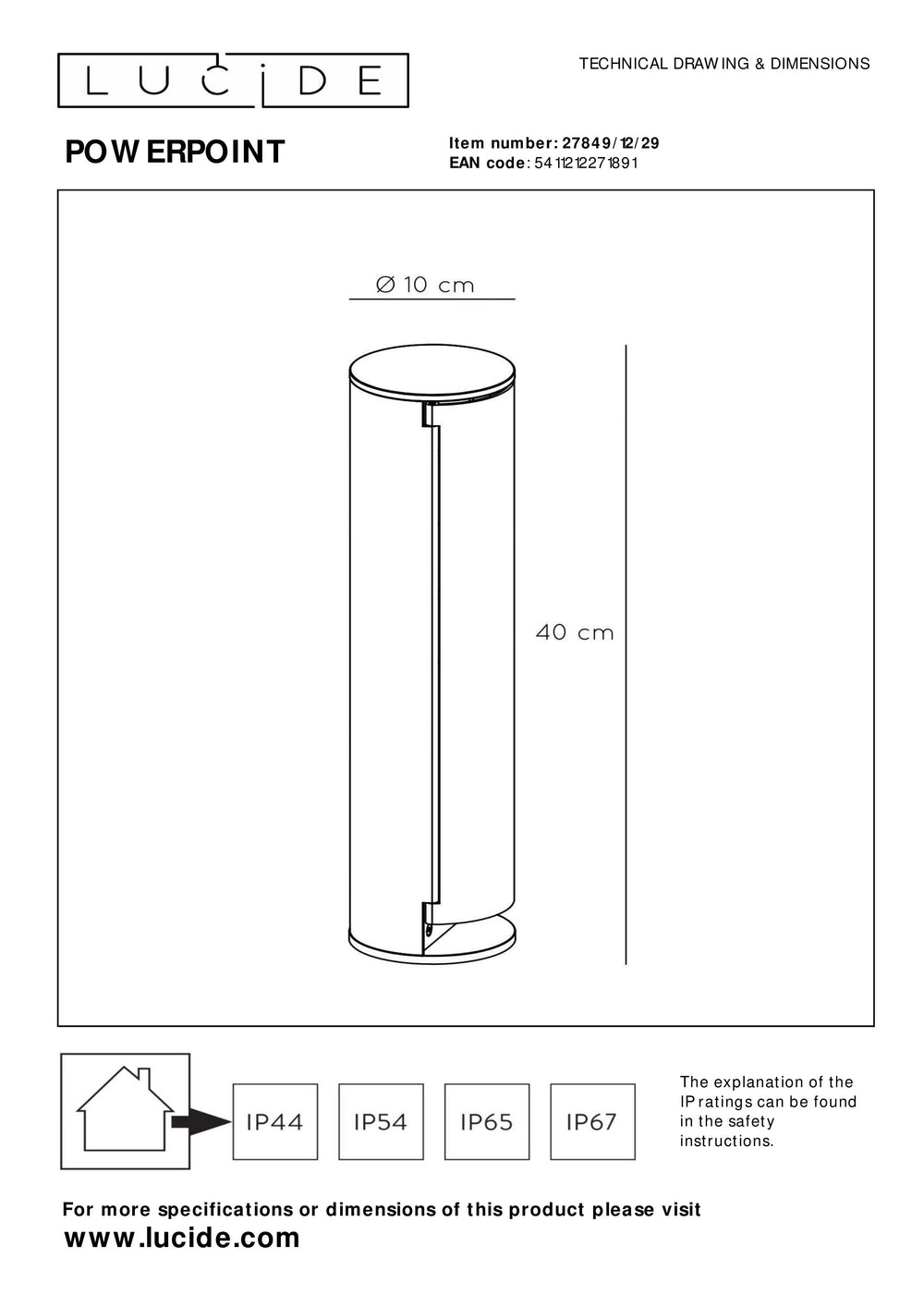 Pilar de enchufe de exterior Lucide IP44, tomas con puesta a tierra Tipo F, acabado en aluminio antracita, altura de 40cm