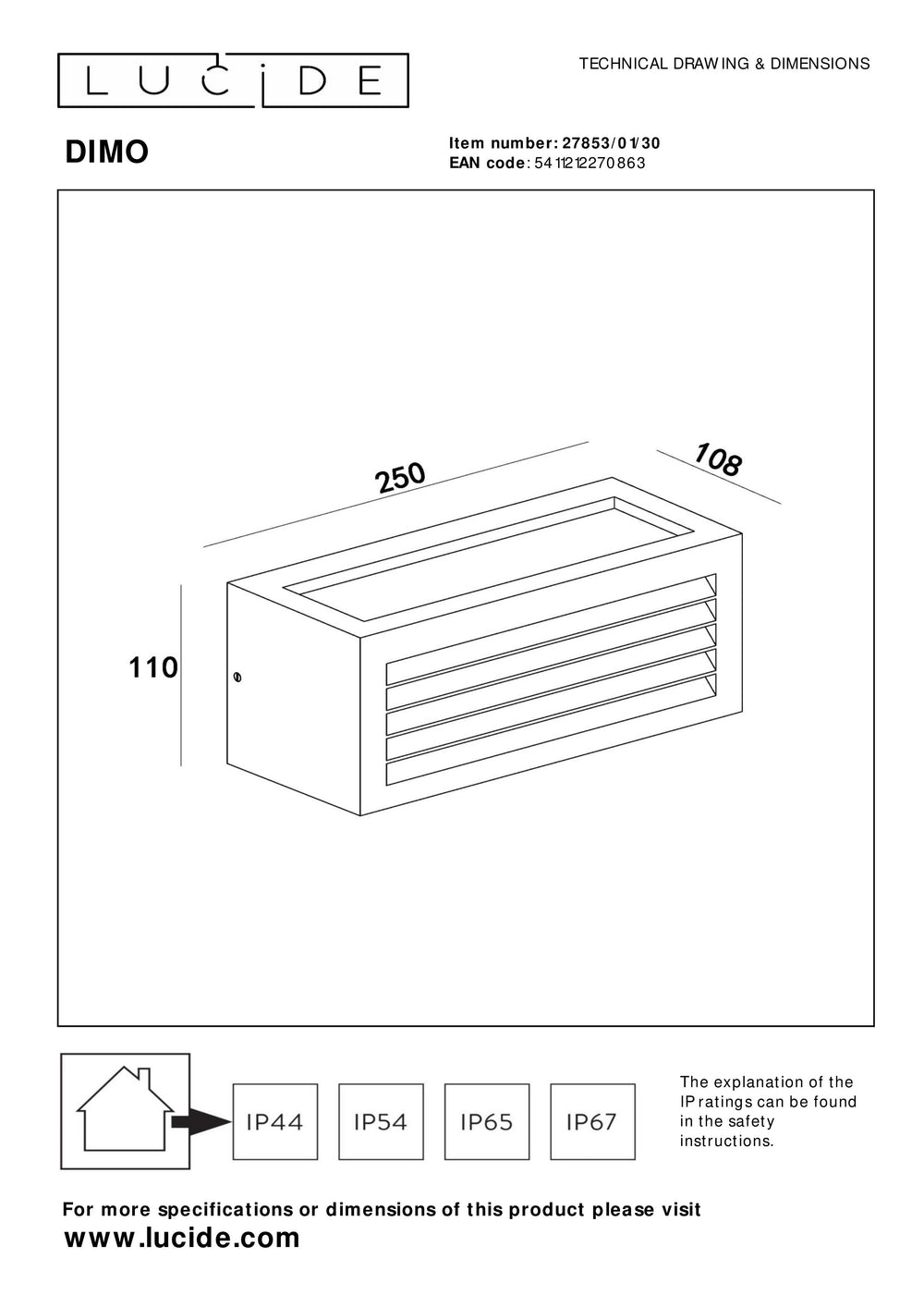 Aplique de pared Lucide DIMO Antracita, interior exterior, casquillo E27, IP54, carcasa de aluminio rectangular