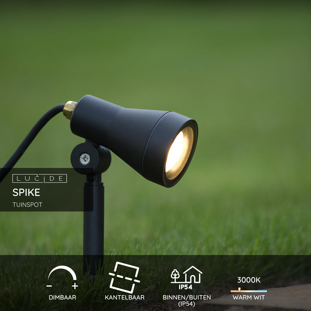 Lucide SPIKE foco LED de jardín, 1x5W GU10 3000K, regulable, IP54 luz exterior de aluminio negro
