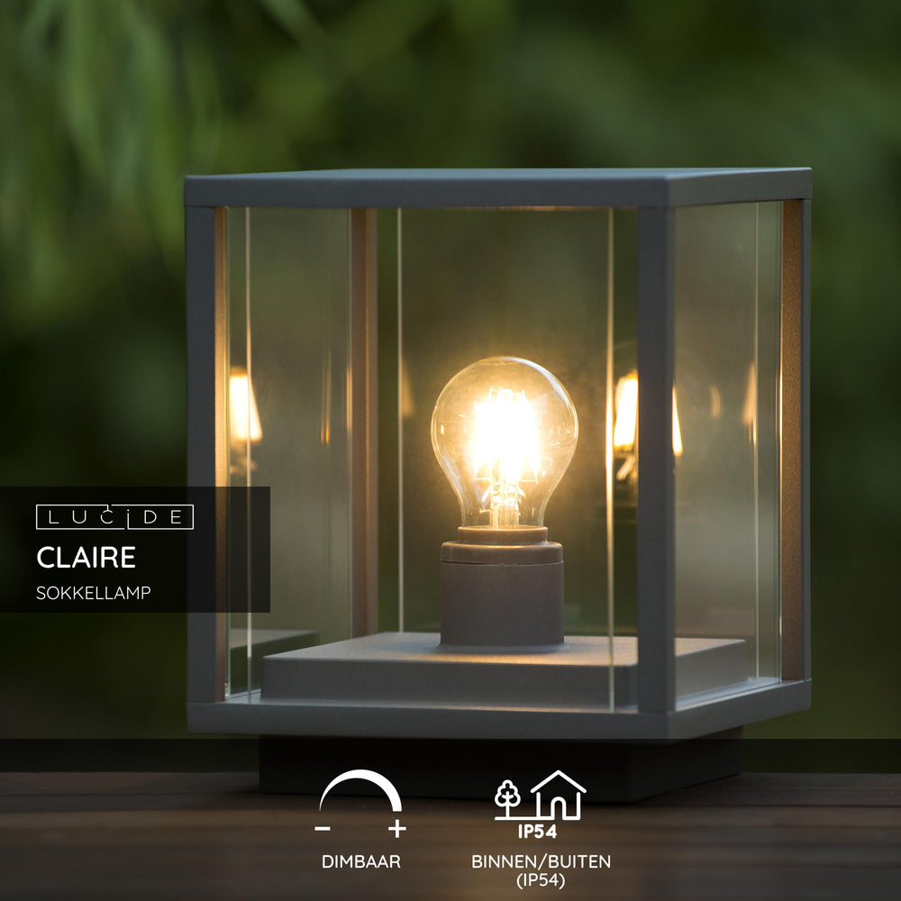 Lámpara de enchufe LED Lucide CLAIRE 1xE27 IP54 Antracita cuboide de aluminio para exterior 220-240V iluminación moderna de jardín