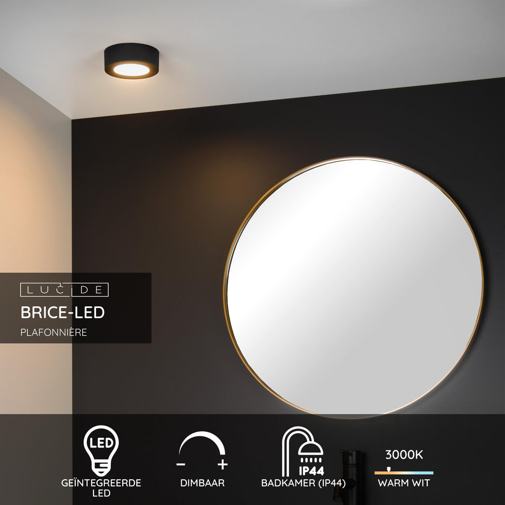 Lucide BRICE lámpara de techo LED para baño, redonda 8W regulable 3000K IP44 Negro Mate Ø117mm