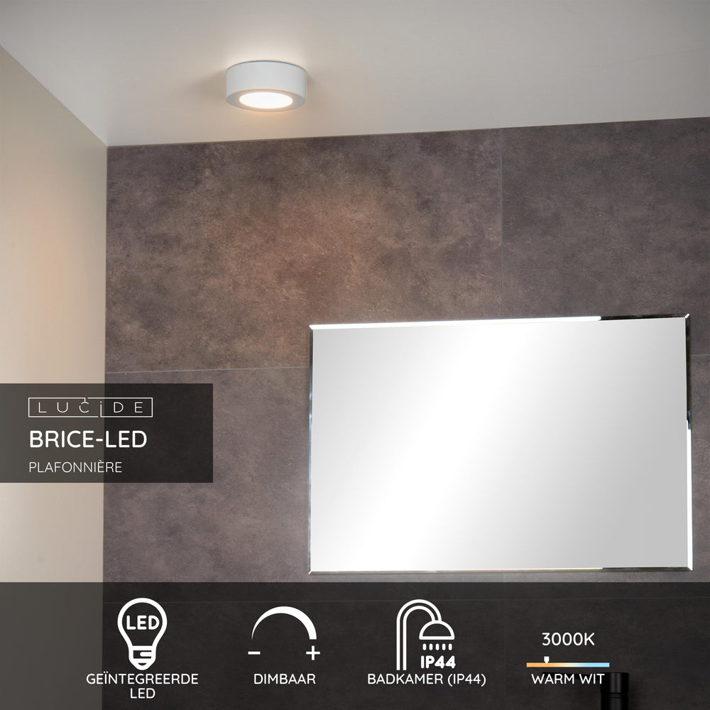 Lucide BRICE lámpara de techo LED para baño, redonda 8W 3000K regulable, IP44 Blanca Ø117mm