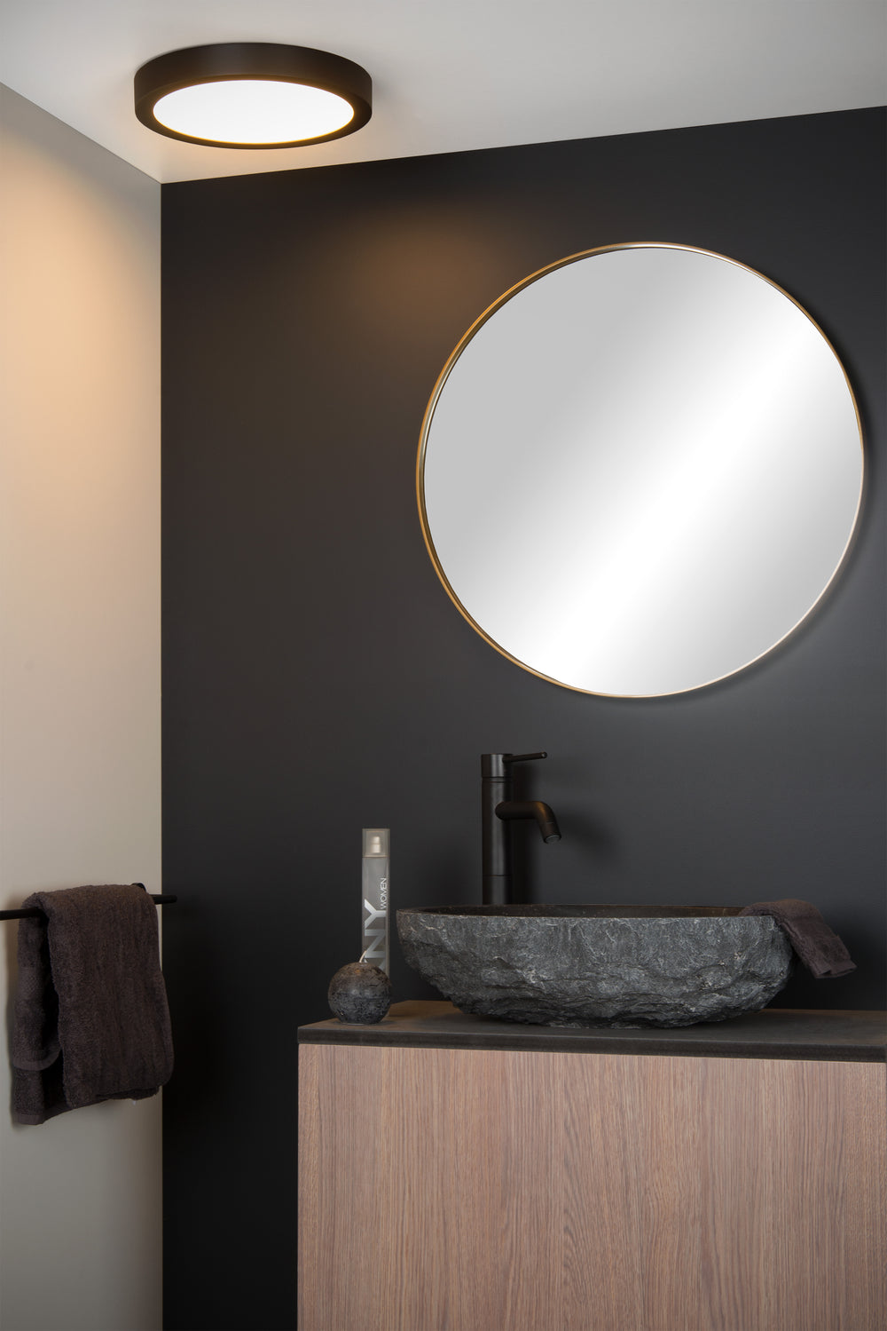 Lucide BRICE plafón LED, 30W 3000K regulable, IP44 redondo 30cm, Negro Mate, iluminación moderna para baño