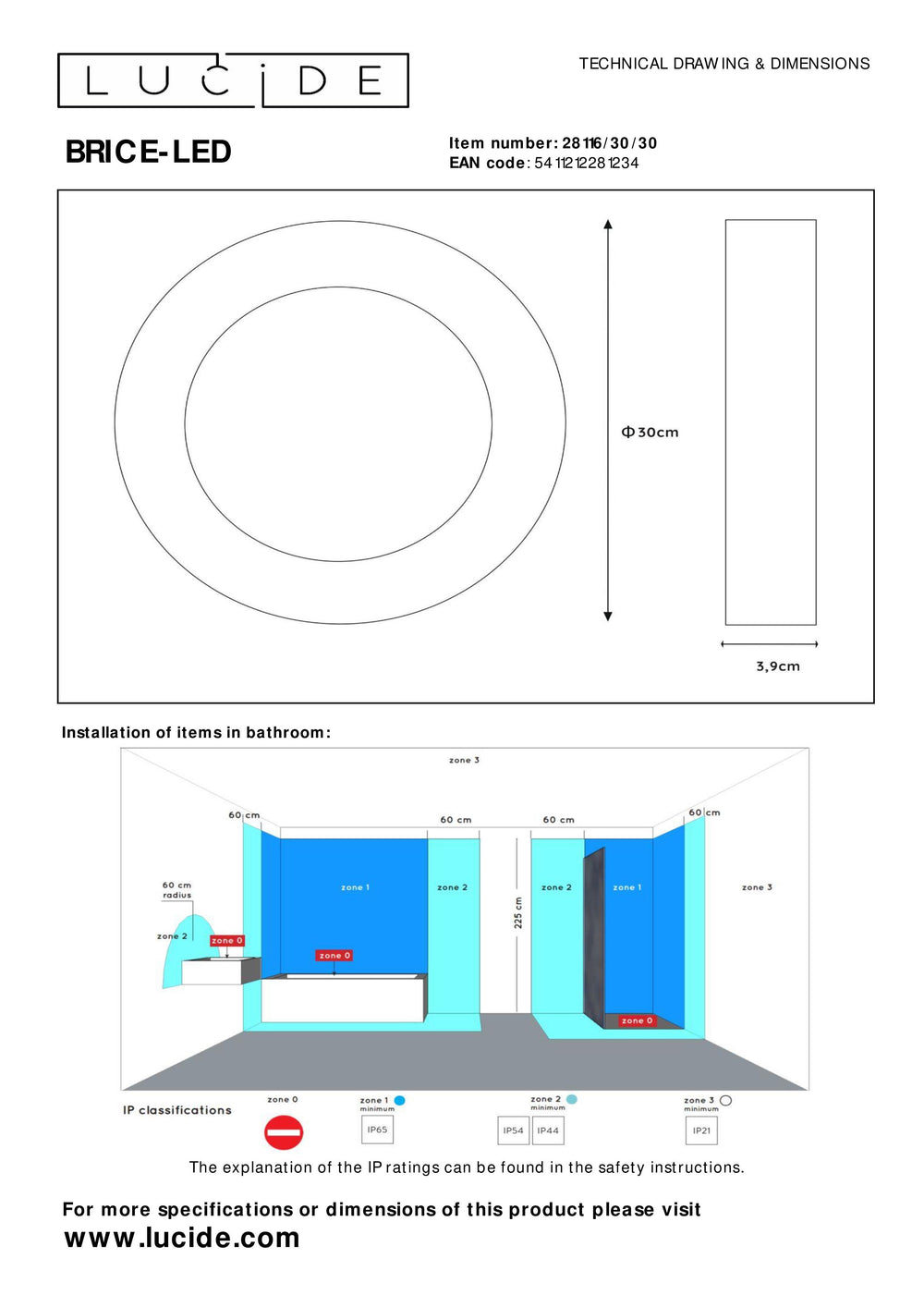 Lucide BRICE plafón LED, 30W 3000K regulable, IP44 redondo 30cm, Negro Mate, iluminación moderna para baño