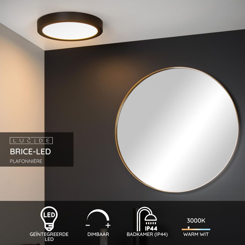 Lucide BRICE plafón LED, 30W 3000K regulable, IP44 redondo 30cm, Negro Mate, iluminación moderna para baño