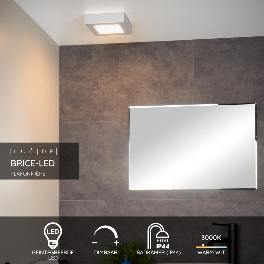 Lucide BRICE lámpara de techo LED para baño, regulable 15W 3000K, IP44, cuadrada acabado Blanco Mate