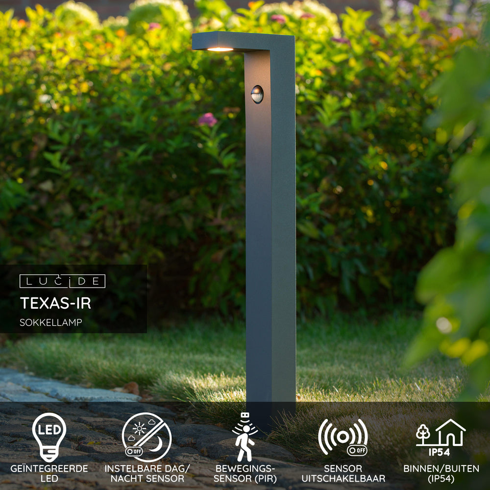 Lucide TEXAS-IR luz baliza LED 7W 3000K IP54 con sensor de movimiento y día/noche Gris Oscuro