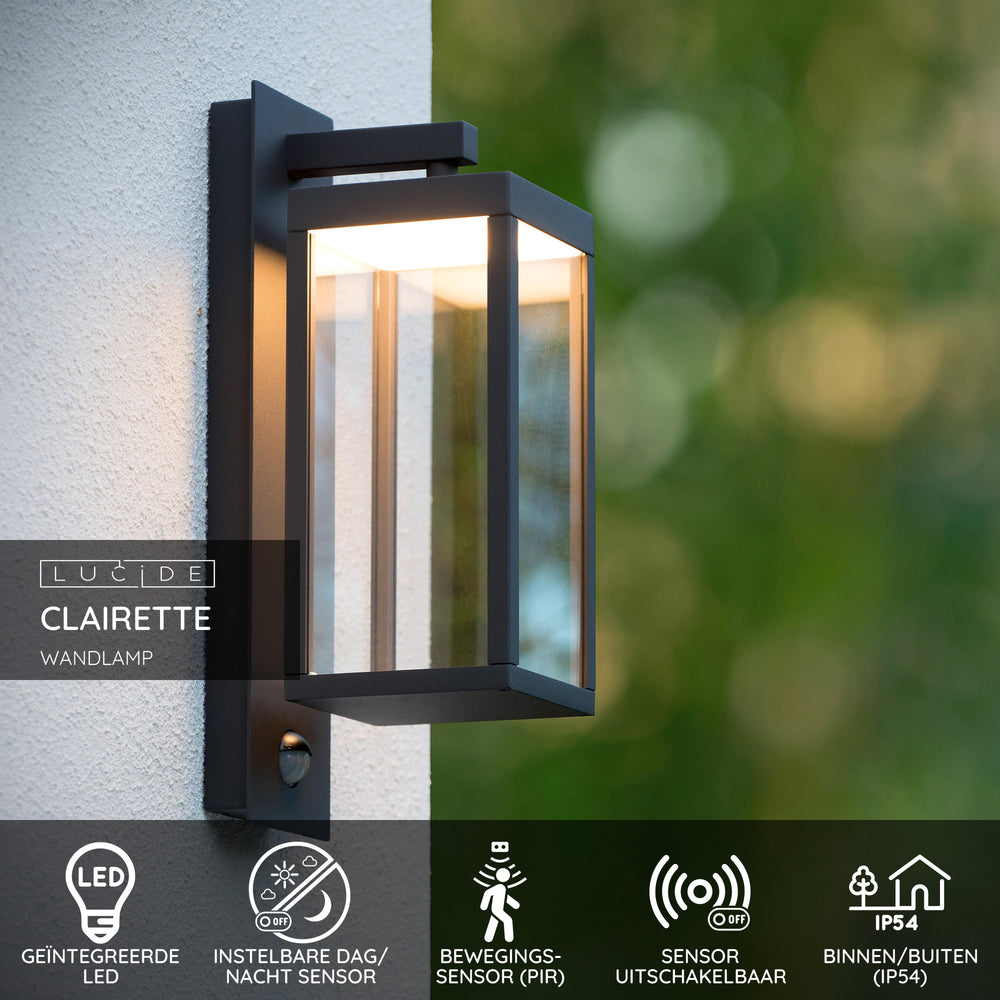 Aplique de pared LED Lucide CLAIRETTE 13W 3000K IP54 con sensor de movimiento PIR y carcasa antracita