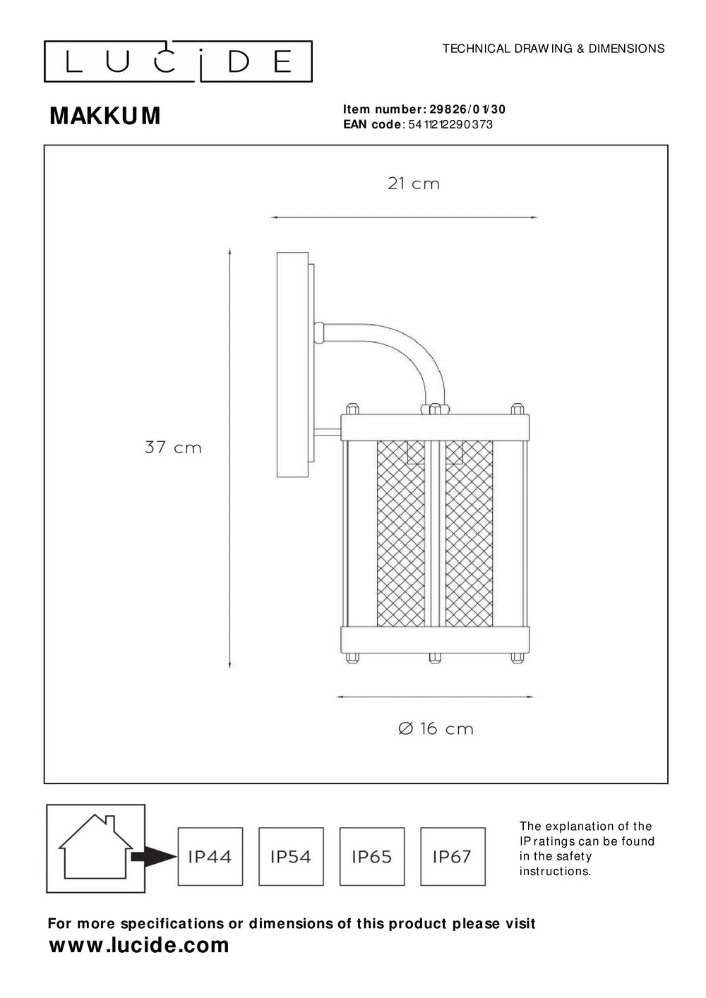 Aplique de pared Lucide Makkum, 1xE27, lámpara interior exterior IP23, metal Negro Mate, 220-240V, 60W máx