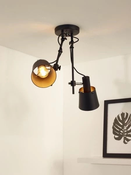 Lucide QUINNY foco de techo 2xE27 acero negro, giratorio e inclinable, iluminación interior estilo industrial IP20