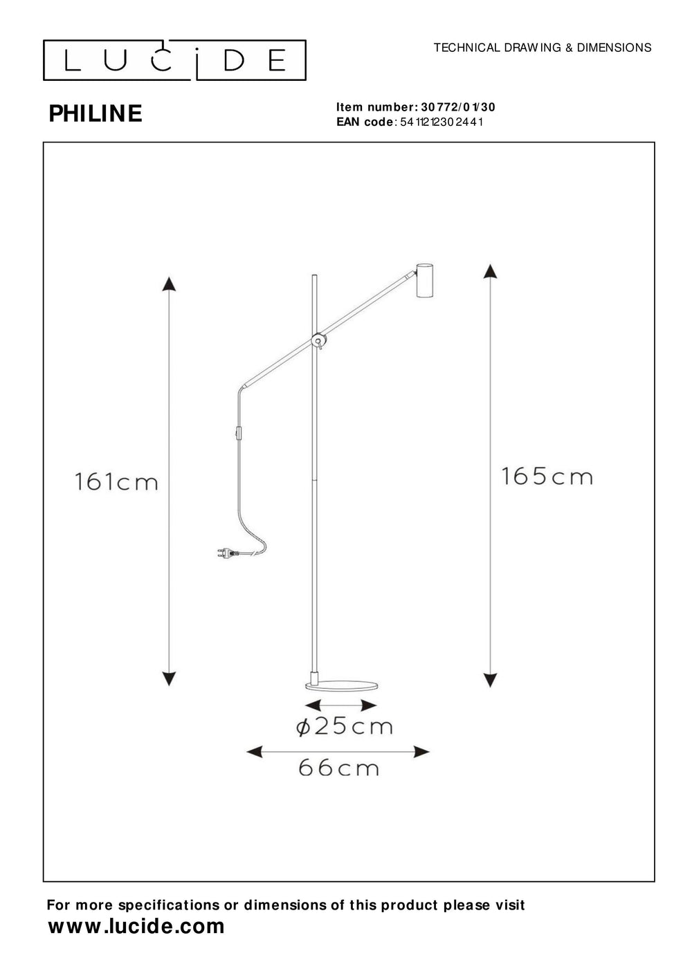 Lucide PHILINE lámpara de pie moderna de lectura, 1xGU10, compatible con LED, altura regulable, Negro Mate con cabezal Dorado