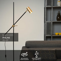 Lucide PHILINE lámpara de pie moderna de lectura, 1xGU10, compatible con LED, altura regulable, Negro Mate con cabezal Dorado