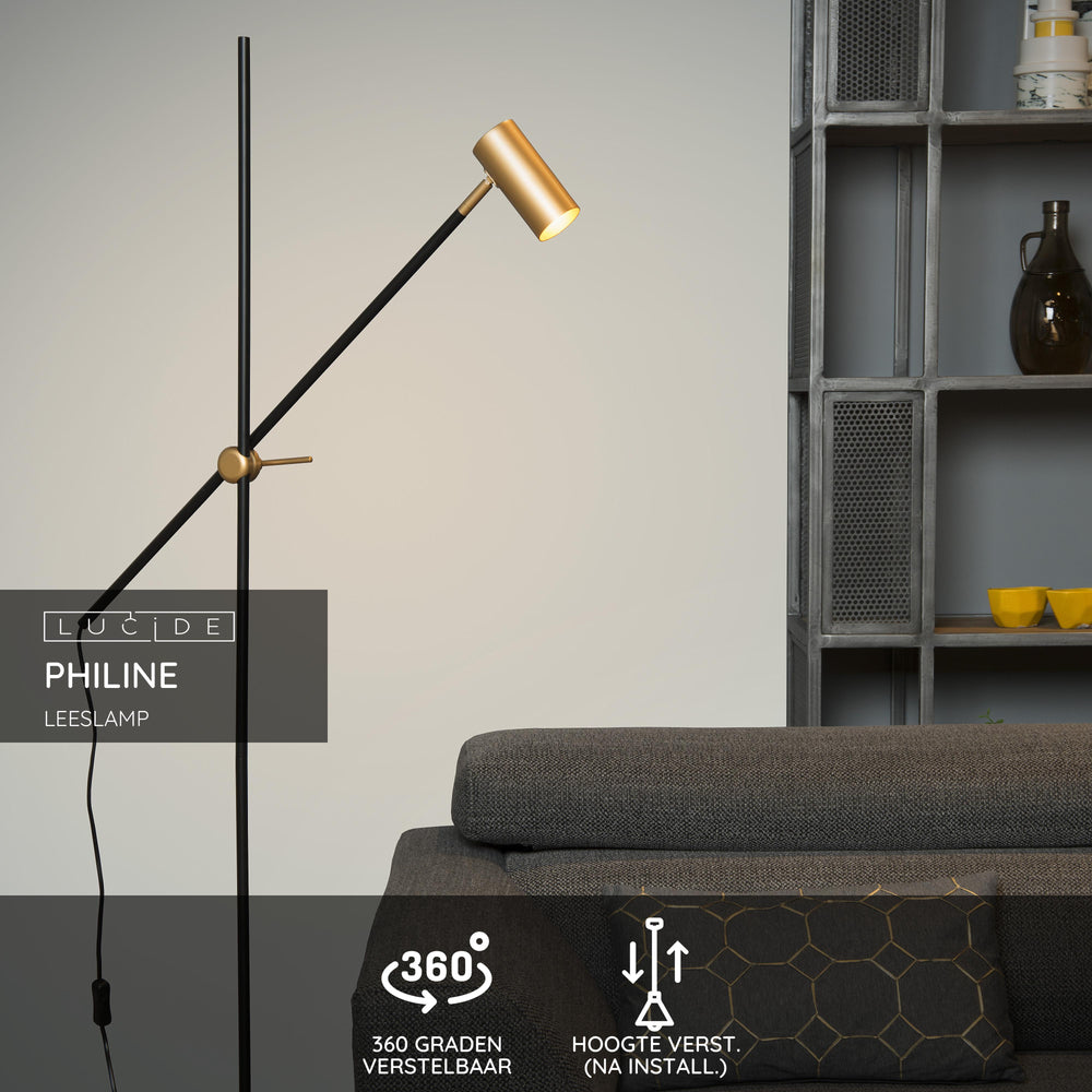 Lucide PHILINE lámpara de pie moderna de lectura, 1xGU10, compatible con LED, altura regulable, Negro Mate con cabezal Dorado