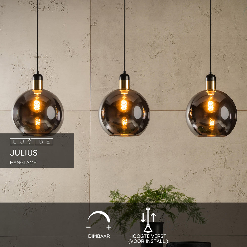 Lucide Julius hanging light, 3xE27 sockets, smoke glass with black and gold finish, modern style, IP20, 220-240V