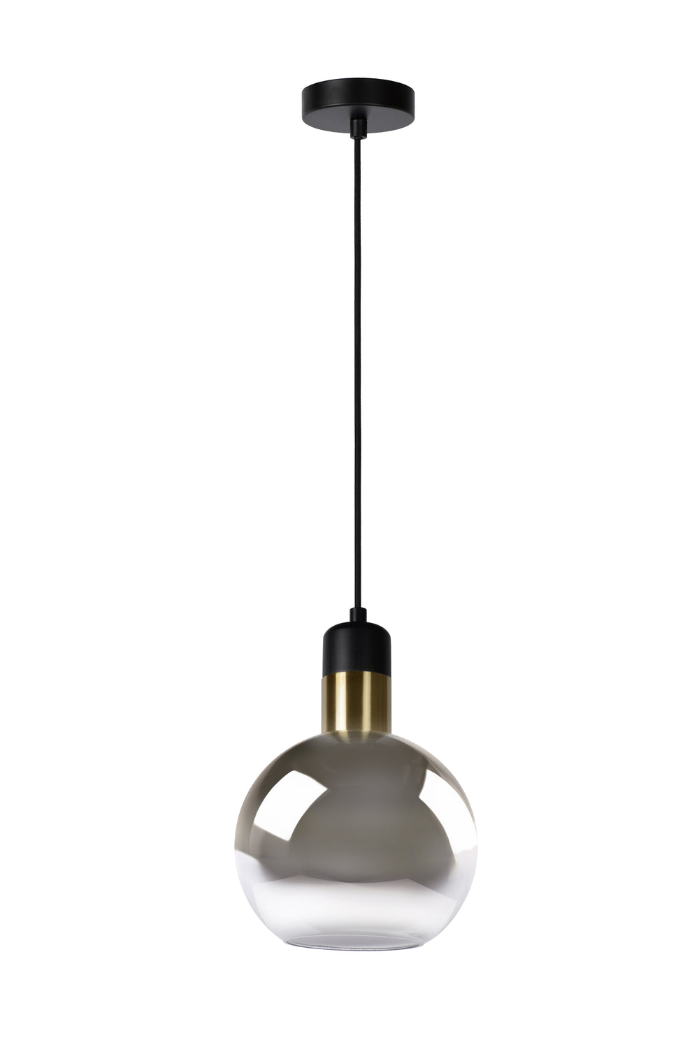 Lucide JULIUS hanging lamp, 1xE27, smoke glass shade Ø20cm, black wood and gold metal, 220-240V, IP20